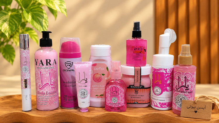 پک صورتی 10 عددی اقتصادی شامل عطر قلبی یارا لوسیون اسپری خوشبو کننده کرم یارا نمک بدن عطر بیکینی عطر مو کره بدن فوم یارا و بادی اسپلش